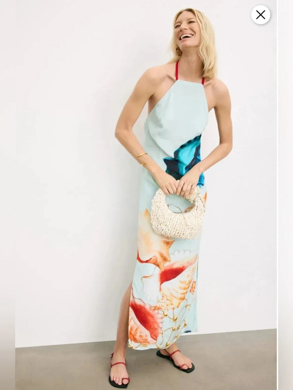 Muma World Murex Mist Vega Dress Baby Blue Halter Maxi Seashell Print Sz M